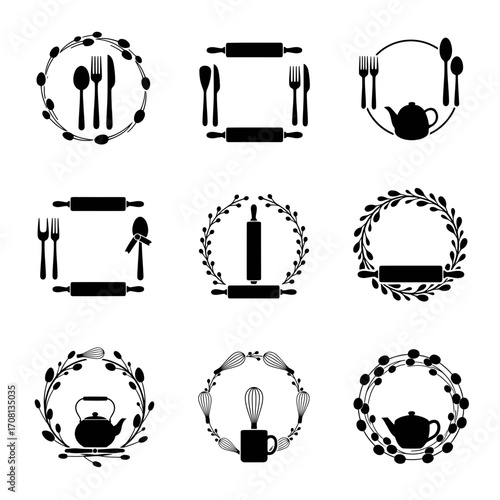 Vector art of collection of cooking themed wreaths frames with kitchen utensils, rolling pin, spoon, fork, knife and teapot