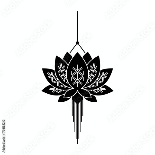Vector art of elegant lotus flower lantern, a symbol of purity and enlightenment, casting a soft glow in the darkness