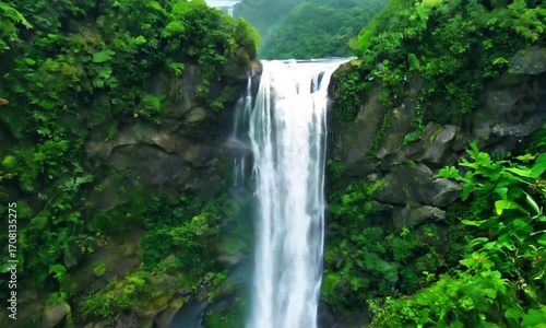 FPV Cinematic Flight Over Tropical Waterfall