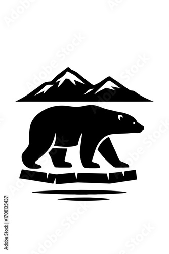 Illustration of a polar bear standing on an ice floe with mountains in the background, a symbol of arctic wildlife