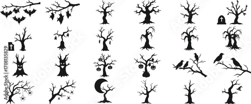 Halloween spooky tree silhouette set with bats, pumpkins, crows, spiders, and grave elements – vector illustration