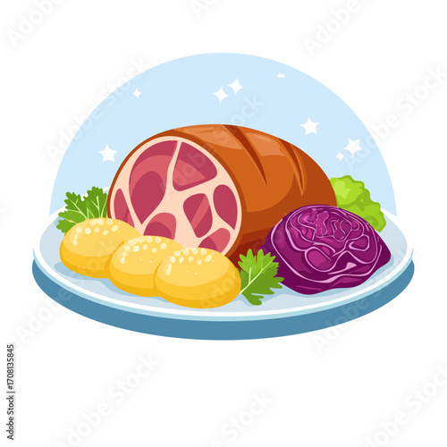 Schweinebraten mit Knödeln und Rotkohl