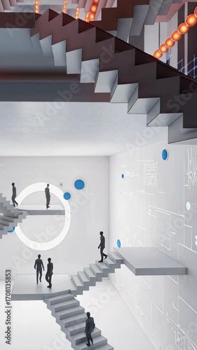 Businesspeople moving on interconnected stairways in a futuristic architectural space with digital overlays, symbolizing workflow and problem solving
