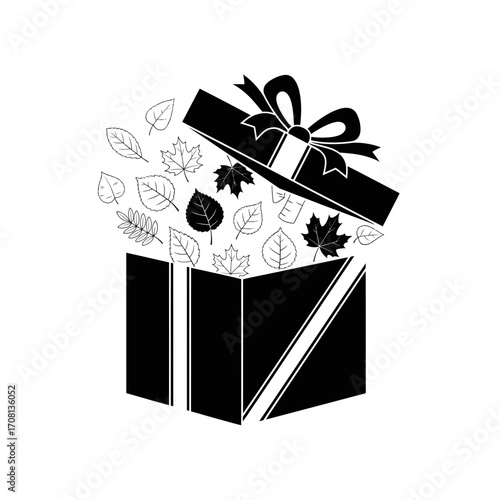 Vector art of open gift box with autumn leaves, a symbol of seasonal celebration and the beauty of falls natural bounty