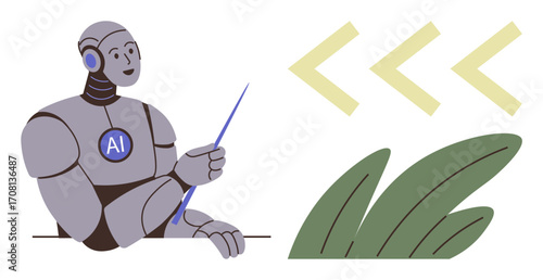 Friendly AI robot using pointer to explain or present information near abstract arrows and leaf shapes. Ideal for technology, AI training, innovation, environment, education, business progress