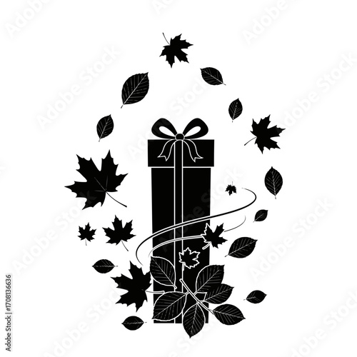 Vector art of a tall gift box with a bow surrounded by falling autumn leaves, , capturing the essence of seasonal gifting and celebration