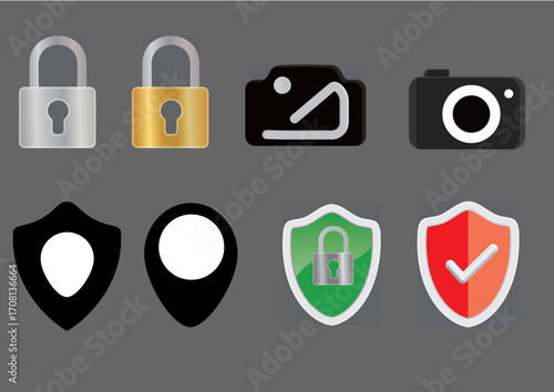 Security Icon Set – Padlock, Shield, Camera, and Location Symbols