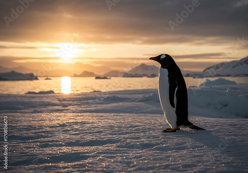 A penguin stands on ice, silhouetted against a golden sunset.