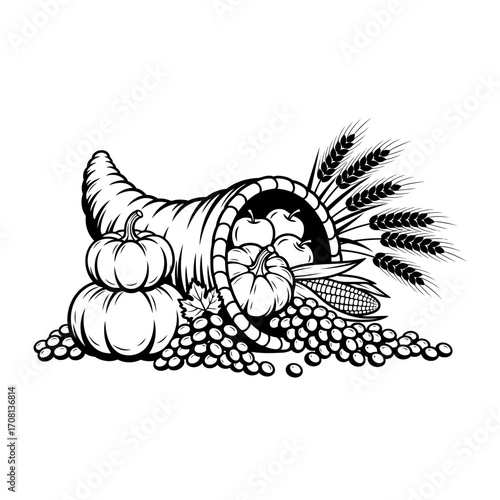Vector art of cornucopia with pumpkins, wheat, and grapes, a symbol of abundance and thanksgiving, in a black and white drawing style