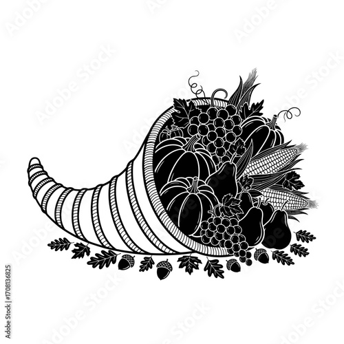 Vector art of cornucopia with fruits and vegetables, a symbol of abundance and thanksgiving, in a black and white drawing style
