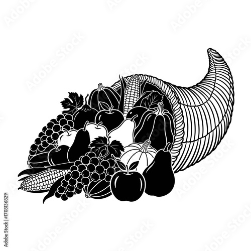 Illustration of a cornucopia overflowing with fruits and vegetables, a symbol of autumn harvest and abundance