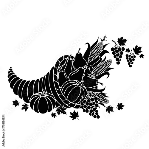 Vector art of cornucopia with pumpkins, grapes, and corn, a symbol of abundance and thanksgiving, in a black and white drawing style