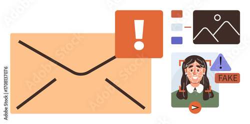 Large envelope with alert icon, fake portrait detection, manipulated images, and fraudulent video. Ideal for email security, online scams, privacy, cybersecurity, identity protection digital ethics