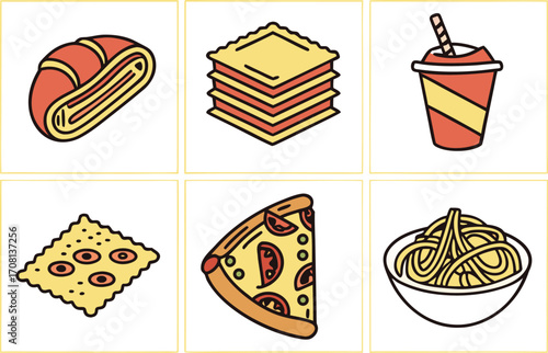 A Collection of Delicious Food Icons: Pizza, Pasta, Lasagna, and More vector Illustration