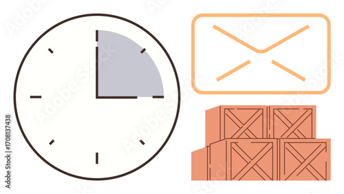 Clock, mail envelope, and stacked crates highlighting streamlined time management, correspondence, and inventory handling. Ideal for efficiency, logistics, shipping, communication planning