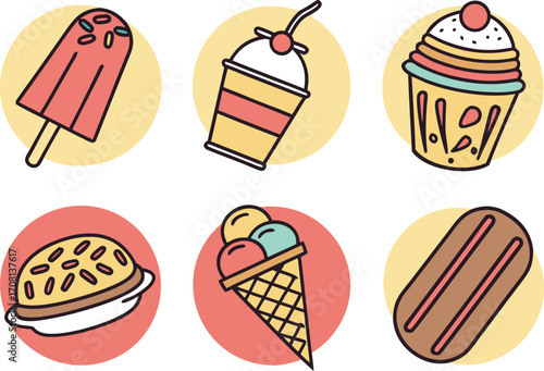 A Collection of Six Stylized Desserts and Treats in a Flat Design vector Illustration