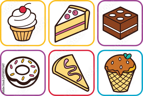 A Collection of Six Delicious Cartoon Desserts in Colorful Square Frames vector Illustration