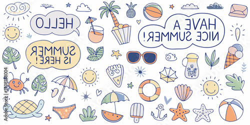 Cheerful Summer Doodle Elements and Phrases vacation