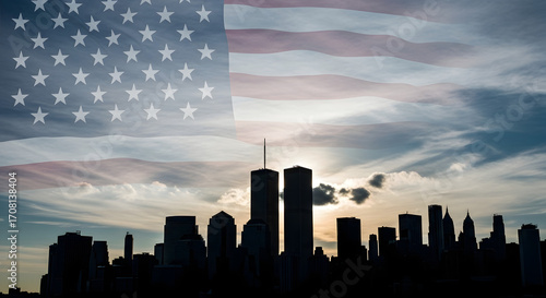 Silhouette of the new york city skyline with the american flag overlayed