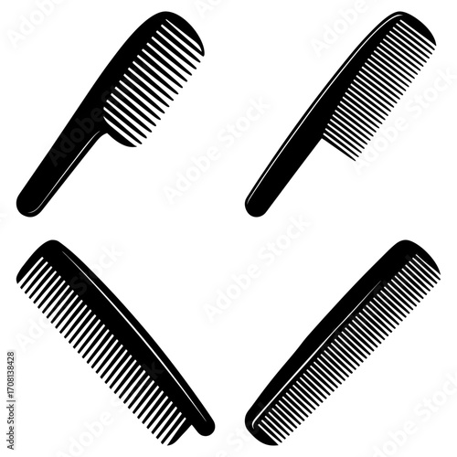 Four black combs arranged in a square pattern on a white background showing hair care tools clearly