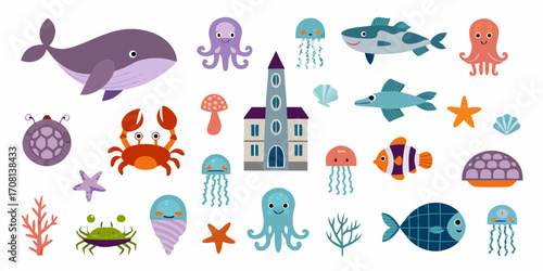 Underwater Sea Creatures and Building Collection whale