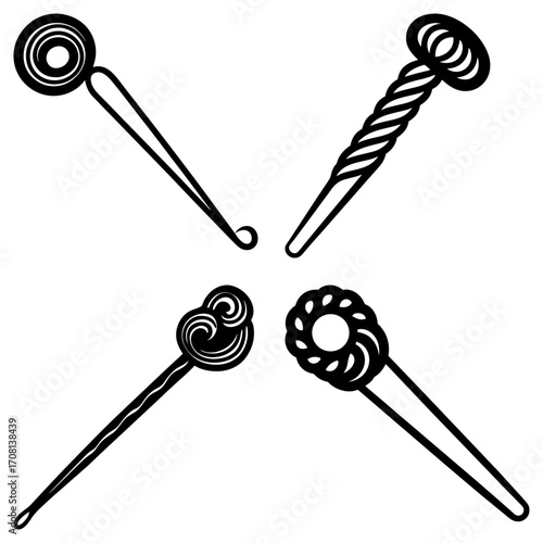 Illustration of four decorative hairpins with intricate swirl and spiral designs in black and white style
