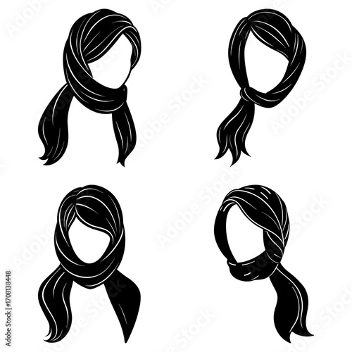 Four black and white illustrations of women wearing headscarves in different styles and arrangements