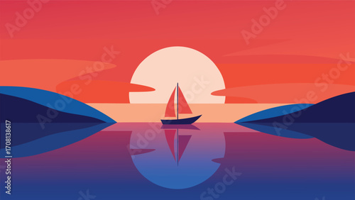 Calm sailboat illustration serene ocean sunset serenity peaceful voyage vector art