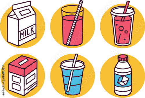 Collection of six colorful cartoon drink icons on yellow circles vector Illustration