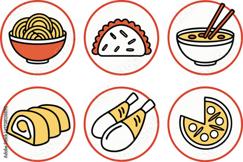 Diverse Food Icons: Noodles, Taco, Soup, Roll, Chicken, Pizza vector Illustration