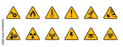 set of caution and hazard warning icons used in industry, nuclear plants, medical facilities, pharmaceutical laboratories, mining operations
