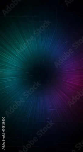 A radiating, vibrant design displays a central, dark void surrounded by a dynamic array of teal, violet, and magenta lines, creating a mesmerizing visual effect.