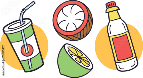 Colorful Cartoon Illustration of Drinks and Tropical Fruits on Yellow Circles vector Illustration