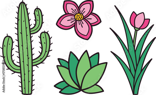 Cute Cartoon Cactus, Flowers, and Succulent Plants on vector Illustration White Background