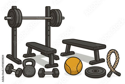 Gym equipment collection for fitness training, strength, and conditioning. Vector cartoon set with barbell, bench press, dumbbell, kettlebell, and weights for workout.