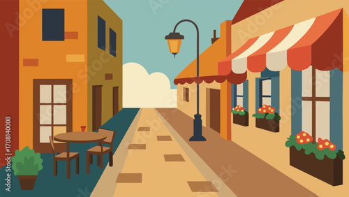 Charming european street scene cobblestone road colorful buildings and lamp post vector illustration