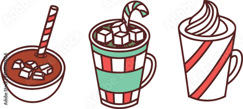 Festive Holiday Drinks: Hot Chocolate, Peppermint Mocha, and Whipped Cream Beverage vector Illustration