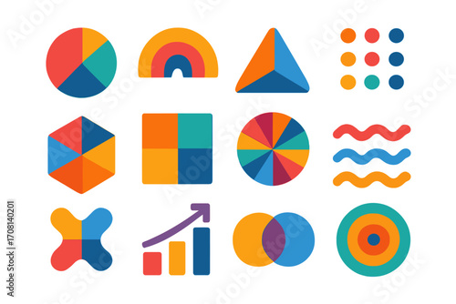 Colorful abstract icons set for business data visualization. Modern flat infographic elements, including pie chart, bar graph, Venn diagram, and geometric logo symbols. Vector.