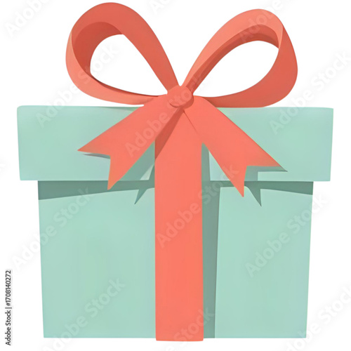 Light teal gift box with a coral ribbon and bow.