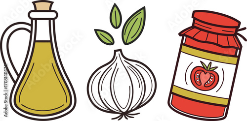 Italian Cooking Ingredients: Olive Oil, Garlic, and Tomato Sauce Jar Illustration vector Illustration