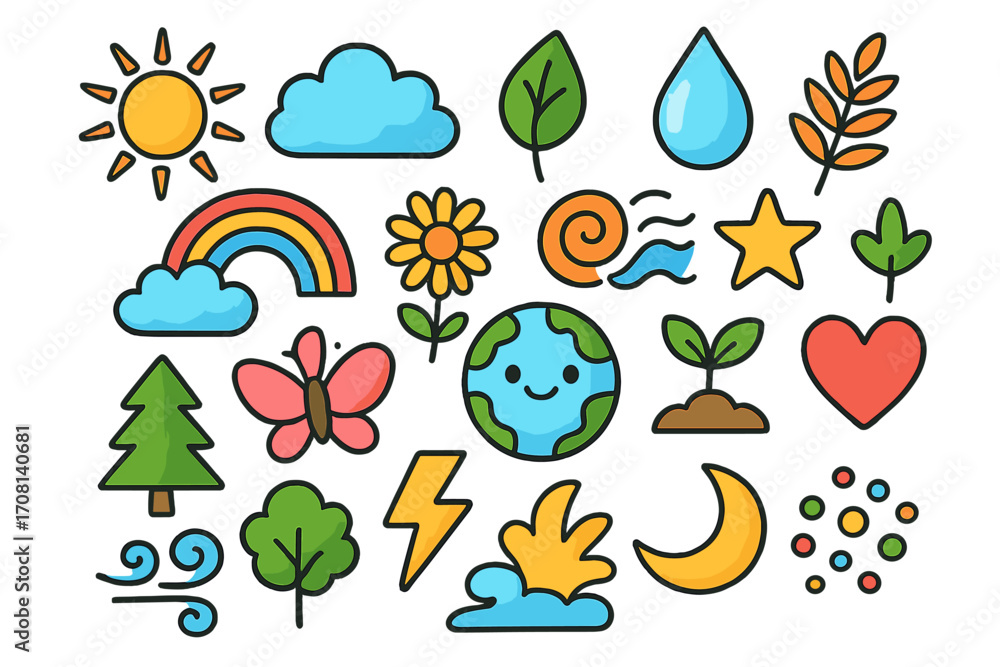 Naklejka premium Cute nature icon set. Weather symbols, cartoon earth planet, sun, and cloud. Kawaii ecology and environment vector illustration elements. Climate and nature concept icons.