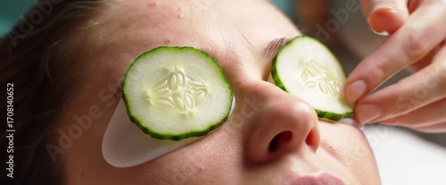 Cucumber slices on eyes relaxation