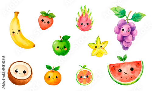 Wallpaper Mural Cute assorted exotic fruits illustration, kawaii strawberry dragon fruit clipart Torontodigital.ca
