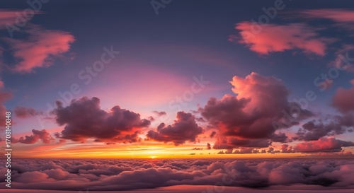 A breathtaking panorama of a vibrant sunset sky, filled with dramatic clouds in shades of pink, purple, and orange, seen from high above a vast expanse of fluffy clouds.