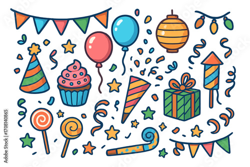 Party doodle icon set. Birthday celebration vector elements. Cartoon collection with gift, balloon, cake, confetti, and fireworks. Festive holiday event design assets.
