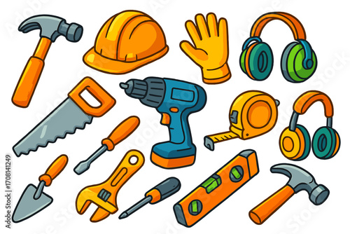 Cartoon construction tools and safety gear set. Vector illustration of work instruments for building, repair and DIY projects. Hammer, drill, hard hat and saw icons.