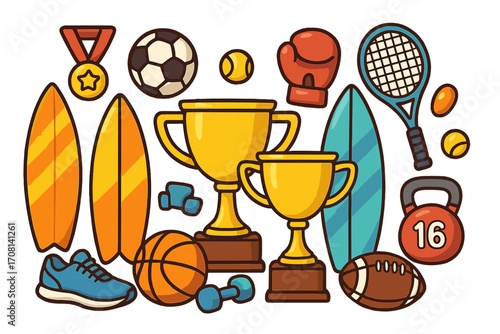 Sports icon collection. Football, basketball, surfing, tennis, boxing, fitness gear. Golden trophy cup, medal. Winner, champion concept. Vector cartoon illustration set.