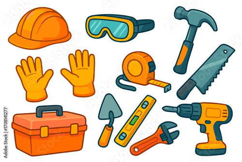 Construction tools and safety gear set. Vector cartoon illustration of building and repair equipment. Hard hat, hammer, drill, saw, and toolbox icons for work projects.