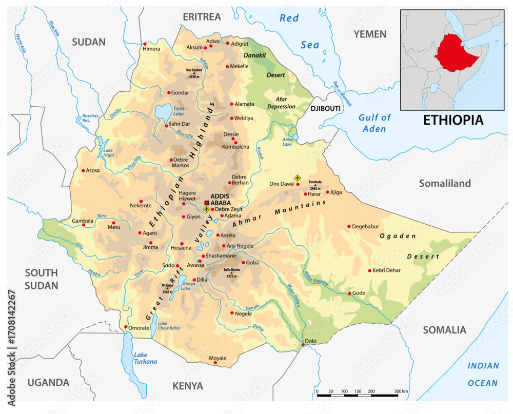 Obraz premium Map of the East African state of Ethiopia