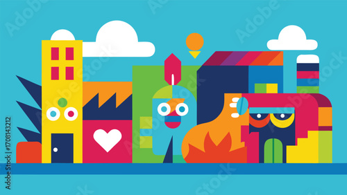 Vibrant colorful cityscape mural with whimsical buildings and cartoon elements